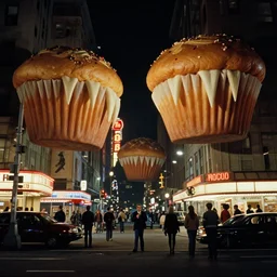 street interior of manhattan 1 9 8 0 s at night. giant floating muffins with big long fangs. scorsese, wes anderson, kodachrome, fred herzog. epic view. cinestill film tones, by chesley bonestell, vincent di fate