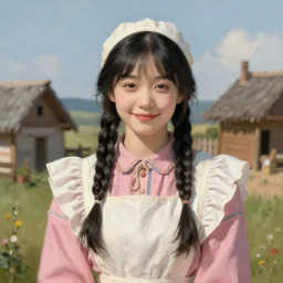 a sadly smiling black haired, young hungarian village maid from the 19th century who looks very similar to (((Lee Young Ae))) with a two french braids, pastel colours, detailed, painting by Rembrandt, Csók István and da Vinci