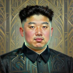 head and shoulders portrait of ethereal glowing kim jong un, art deco repeating patterns, tim hildebrandt, wayne barlowe, bruce pennington, donato giancola, trending on artstation, cinematic composition, beautiful lighting, hyper detailed, 8 k, oil on canvas