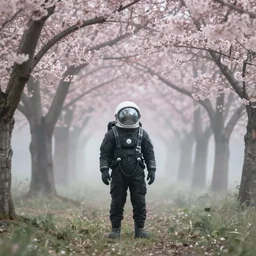 photograph of an astronaut wearing a black spacesuit in the middle of a cherry blossom eden, foggy, atmospheric