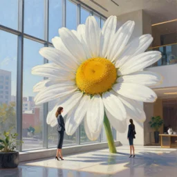 giant daisy flower head, woman in suit, standing next to tall modern window in luxury loft, surreal photography, sunlight, impressionist painting, digital painting, artstation, simon stalenhag