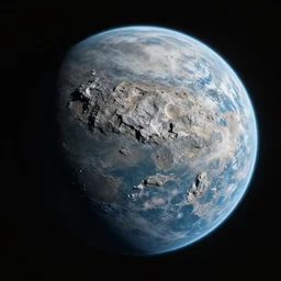 realistic photo of a rocky alien planet with water in the dark space seen from an space probe, with blue and yellow continents, unreal engine, blender