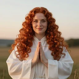 Symmetrical cleric of symmetry. Stocky red-haired woman with long curly symmetrical red hair. Cheerful. Art by william adolphe bouguereau. During golden hour. Extremely detailed. Beautiful. 4K. Award winning.