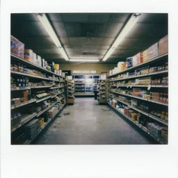 The interior of a derelict abandoned grocery store, fluorescent lighting, two point perspective, photograph, polaroid, dilapidated look, Grainy,
