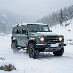 a landrover crossing the alps while its snowing, digital art, artstation, photgraphy
