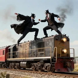 two villains fighting on top of a moving coal powered train