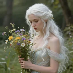 a beautiful white haired woman as a fairy princess in a garden holding a bunch of wild flowers, deep focus, d & d, fantasy, intricate, elegant, highly detailed, digital painting, artstation, concept art, matte, sharp focus, illustration, hearthstone, art by artgerm and greg rutkowski and alphonse mucha
