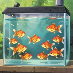 beautiful aquarium full of cute beautiful goldfish, cartoon painting, style by anime studio ghibli