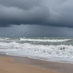 storm at the beach, seagulls above the waves, by anton mauve