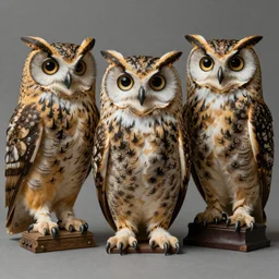 Owls in Post-modern style, in color, realism, 8K, detailed, antiques, fantasy