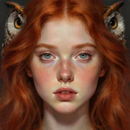 portrait young beautiful!!! symmetric woman, hypnotic eyes, red hair, freckles, ( ( ( ( owl ) ) ) ) digital painting, lots of details, extremely detailed, 4 k, intricate, brush strokes, mark arian, artgerm, bastien lecouffe - deharme