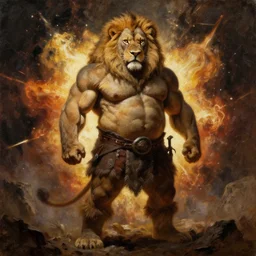 oversized muscular lion barbarian hunter  full body portrait pose  , explosion  in background , very textured detailed oil painting by rembrandt , hard backlight , in dark cave