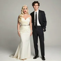 lady gaga and timothee chalamet styled by annie leibovitz, posing, old hollywood themed, classy, glamour, full body shot, set pieces, intricate set, vogue magazine, canon, highly realistic. high resolution. highly detailed. dramatic. 8 k. 4 k.