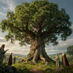 gigantic world tree. j. r. r. tolkien's middle - earth and arthurian legendarium within the kingdom of avalon. fantastical. beautiful full deep color photography by ansel adams. supreme master of landscapes. iconic. 4 k. lighting by james gurney, victoria finlay, artists master series : color and light by 3 dtotal