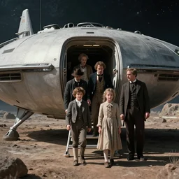 detailed, sharp, film still from a sci fi blockbuster movie made in 2022, set in 1860, of a family leaving a spaceship, that has just landed on an alien planet, wearing 1850s era clothes, good lighting, 4k, HD, in focus