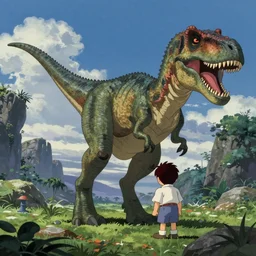 a very dull still from jurassic park ( 1 9 9 3 ) of an anime dinosaur.