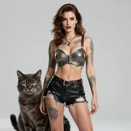 portrait of halston sage as a tattooed armored wanderer pinup, wearing scratched and ripped leather shorts and a huge cat is by her side, character sheet, fine details, concept design, contrast, kim jung gi, greg rutkowski, trending on artstation, 8 k, full body, turnaround, front view, back view, ultra wide angle