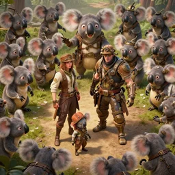 steampunk family fighting a horde of crazy killer koalas, 3d scene, render, ultra realistic, zenith view, Greg Rutkowski, artstation, cgsociety, unreal engine, ray tracing, detailed illustration, hd, 4k, digital art, overdetailed art, concept art, complementing colors, Trending on artstation, deviantart