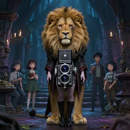 rolleiflex tlr photo of full body portrait of a legendary lion keeper girl, finely detailed features, at a magic dungeon, gapmoe yandere grimdark, trending on pixiv fanbox, modeled by greg rutkowski makoto shinkai takashi takeuchi studio ghibli, akihiko yoshida, pixar 3 d film still, renderman