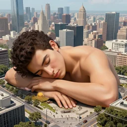 giant sleeping in a city, digital art, fine details, juan gimenez