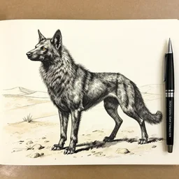 pen and ink drawing of a manticore in the desert, by steve jackson and ian livingstone, highly detailed