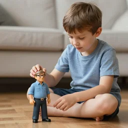 a young boy sitting on the floor, playing with a bill gates action figure, hyper realistic photo, highly detailed, sharp focus, depth of field