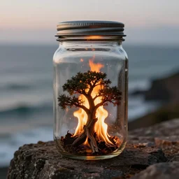 glass jar with a miniature burning tree on fire inside, standing on a cliff, bokeh, ocean in the background, metal lid, dramatic lighting, hyperrealistic, cgsociety, artstation, 8 k, highly detailed, beautiful digital art