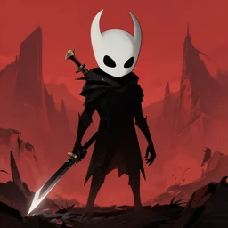 horror art, hollow knight, red peaks in the background, art by ismail inceoglu