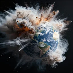 the Moon has crashed in to Earth, viewed from space, epic scene, enormous collision with plenty smoke, shockwave blast, cinematic lighting, cinematic composition, 4k