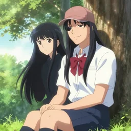 photorealistic Joe Biden meets a beautiful smiling anime girl in a school uniform with long straight black hair sitting under a tree, anime key visual, digital art, anime screenshot, kyoto animation, makoto shinkai, trending on artstation