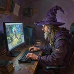 fantasy oil painting, wizard gaming on his computer, as a mtg character, typing on a keyboard, big screen, inside a cluttered lan party room, wrinkled wizard hat, books, extremely detailed, digital illustration, concept art, readability, impasto, sharp focus, art by brothers hildebrandt, art by alex grey