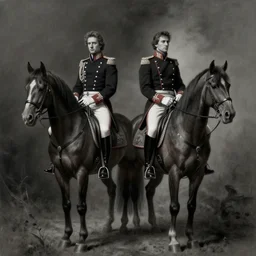 painting of john oliver and adam driver together, riding horse, stoic, full body, military uniform, fantasy, intricate, elegant, beautiful, highly detailed, charcoal, centered, dark, smokey, digital painting, artstation, concept art, smooth, sharp focus, illustration, art by artgerm and greg rutkowski and alphonse mucha