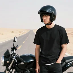 portrait photo of young man posing with a black modular helmet, standing on a desert road next to motorcycle, silhouette of mountains in background, sunset, golden hour, backlit, smooth volumetric light, octane, highly detailed masterpiece by morten krogvold