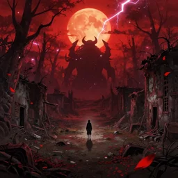 abandoned bloodborne old valley with a person at the centre and a boss at the end, trees and stars in the background, falling red petals, epic red - orange moonlight, perfect lightning, illustration by niko delort and kentaro miura, 4 k, ultra realistic