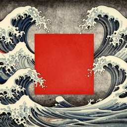 a red square surrounded by waves, mix between ukiyo - e and charcoal etching