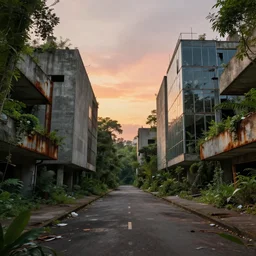 a street view of monolithic buildings, simple brutalist architecture, abandoned, empty streetscapes, surrounded by lush green jungle, ground - level view, natural volumetric lighting, sunset, rusted steel, solid concrete, glass, stunning skies, scattered rubbish and debris, 8 k, photorealistic, hyper detailed, unreal engine 5, imax quality, cinematic quality, beautifully illustrated, sharp focus, minimal artifacts, from doom, by greg rutkowski and le corbusier, trending on artstation