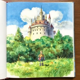 laputa castle in the sky robot hayao miyazaki stands in a small clearing among trees, sun, grass, watercolor illustration for a book