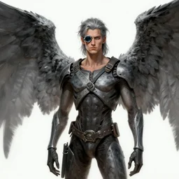 character art by bastien lecouffe - deharme, the terminator with grey hair and large grey wings on his back, wearing a monocle