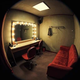 a dimly lit, theater dressing room, with a mirror, a chair, a couch, day of the tentacle style, drawn by Peter Chan, fish eye