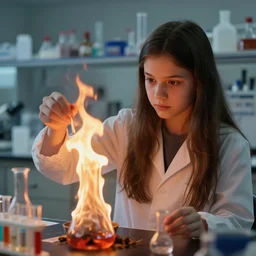 long haired girl setting chemistry lab on fire, glassware on the foreground, fire on the background, realistic 4k photo image