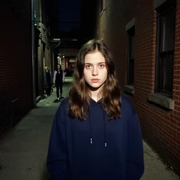 a creepy iphone camera photograph of a dark alleyway in west philadelphia at night, with a college - aged woman in the distance. girl in the photo wearing a navy hoodie. directed by david lynch, full color