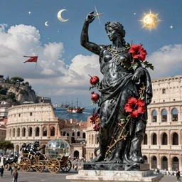 rateo, colosseo, tilt shift, gulf of Naples, sorrento view, Pompeian, naval battle, italian masterpiece, wind, sky in background, wind rose, Ashford Black Marble, sculpture, baroque,  draped with red Hibiscus and vines and spines, marble and hint gold, stars, puffy clouds, suns, moons, drapes, dead fruits, Obsidian, pomegranade, armour, medieval globe, glass, portrait, mage, centaur, siren, lion, chariot, rabbit, snails, render, artstation, ultra detailed