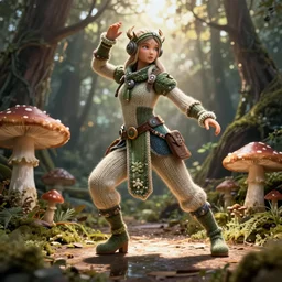 knit female earth mage, high quality character design, action pose : : spotlight, magicpunk, biopunk, forestpunk, forest, mushrooms, high detail, 8 k, oled, shadows, reflections, digital art, official art, octane render, dynamic camera angle, unreal engine, dollpunk