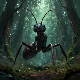 a huge cyberpunk Ant in the Forest, Concept art, digital art, well detailed, trending on artstation, by Stephen king, 8k, Lovecraft, horror