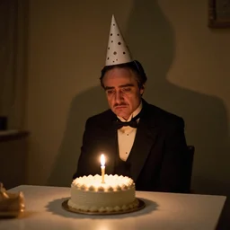 the godfather sitting alone in a room while wearing a pointy birthday hat and there is a birthday cake with a single candle lit on the table in front of him and he is looking sad and lonely, low light, candle light, photorealistic, set photo
