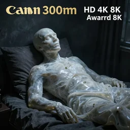 Dark and creepy photo of a disfigured white opaque translucent body in the corner of a dark bedroom at night, atmospheric, highly detailed, high quality, HD, 4k, 8k, Canon 300mm, professional photographer, 40mp, lifelike, top-rated, award winning, realistic, sharp, no blur, edited, corrected, trending