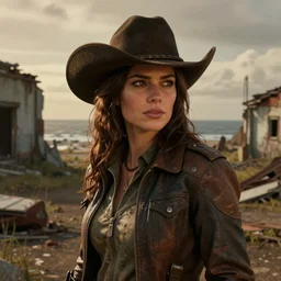fallout 5, charismatic beautiful, rugged, brunette female protagonist wearing a cowboy - hat, portrait, outdoors ruined coastal area, atmospheric lighting, painted, intricate, volumetric lighting, beautiful, spring, sharp focus, warm deep colours, ultra detailed, by leesha hannigan, ross tran, thierry doizon, kai carpenter, ignacio fernandez rios