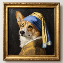 corgi. oil on canvas, baroque style gold - gilded frame. 2 4 feet wide, 1 6 feet tall. painted to mimic the girl with a pearl earring by johannes vermeer.