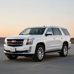 A white Cadillac Escalade fused with a white GMC Yukon, car photography, sunset
