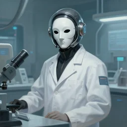 A cyberpunk painting of an operator in the laboratory, character art, concept art, character design, sci-fi, mask, helmet, cinematic, dramatic composition, hyper detailed, matte painting, poster, portrait, cyborgs, Bayard Wu, Greg Rutkowski, Cedric Peyravernay, Anato Finnstark, artstation, 8k